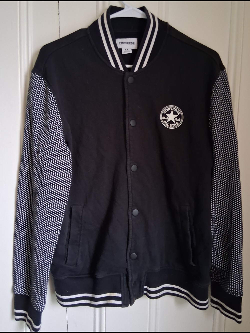 Converse Men’s Black Varsity Jacket with Patterned Sleeves